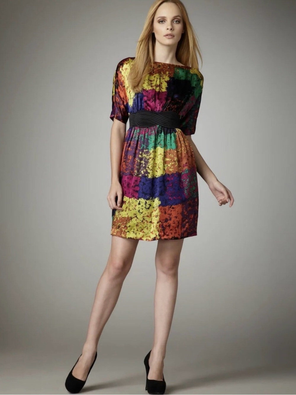 Trina Turk FOSSE SHANGHAI 100% Silk Bateau Print Black Empire Waist Dress Size 6